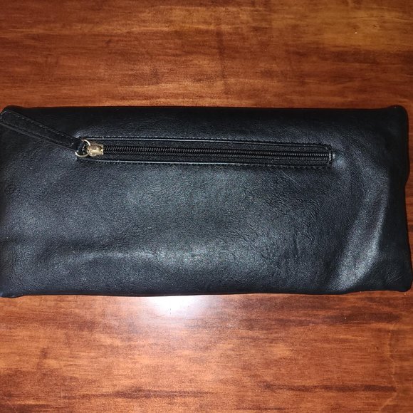 JustFab Black & Gold Studded PU Vegan Leather Clutch Fold Over Biker Punk Goth - Picture 3 of 12